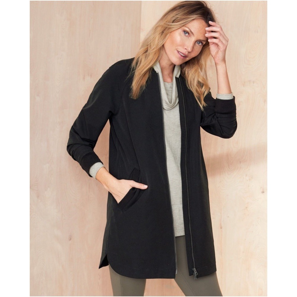Garnet Hill‎ Size XS Black Longline Bomber Full Zip Jacket Water-Resistant Coat